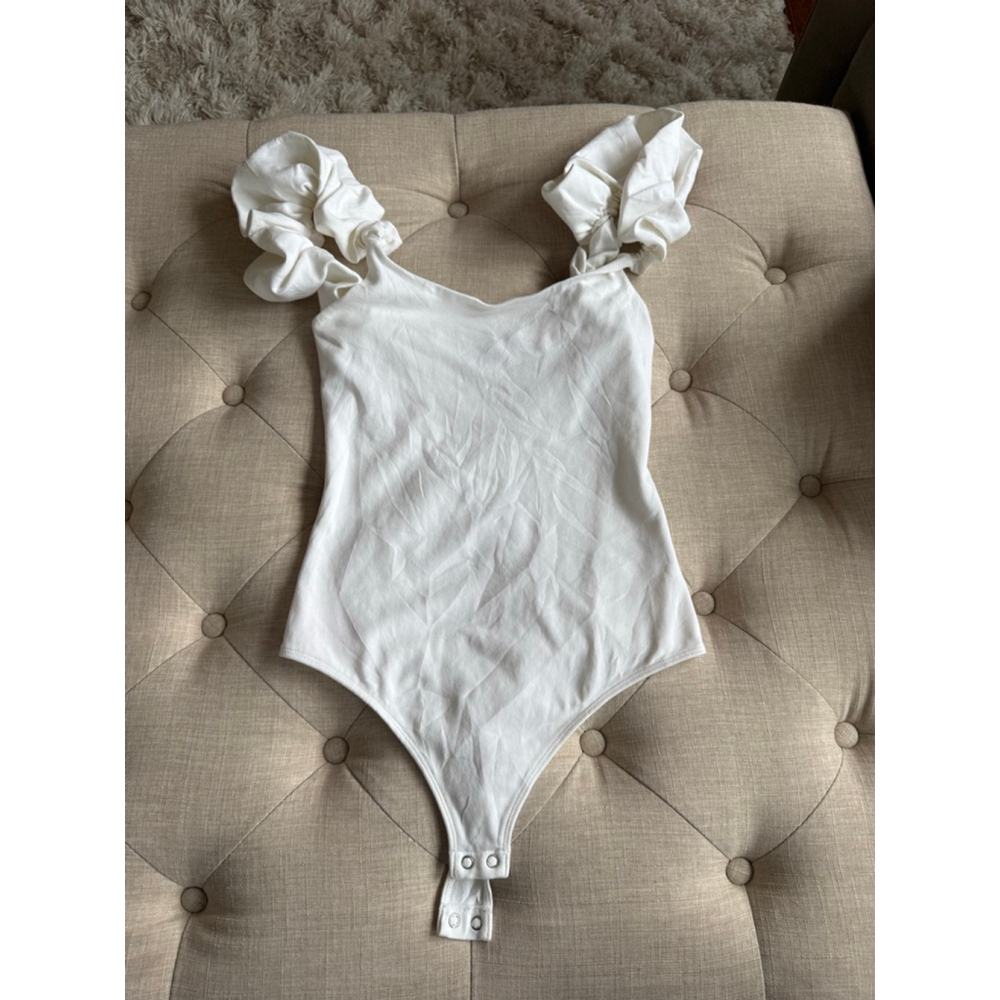 Women's Express White Ruffle Strap Bodysuit S